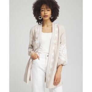 NWOT Chicos Embroidered Linen Blend Topper Size 2.5 / 14 Open Kimono Beige White